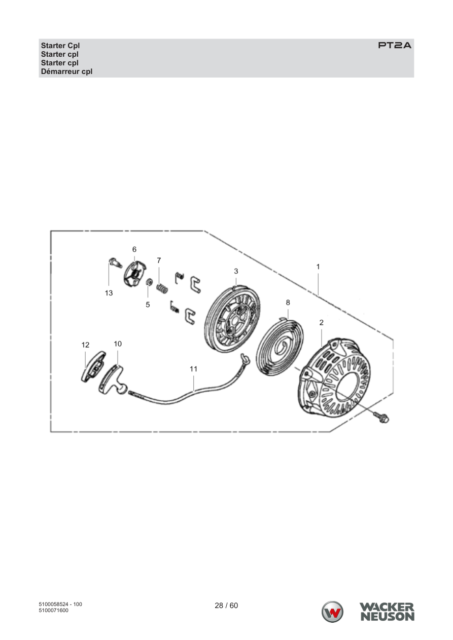 Wacker Neuson PT2 Trash Pump PT2A Starter Cpl parts diagram