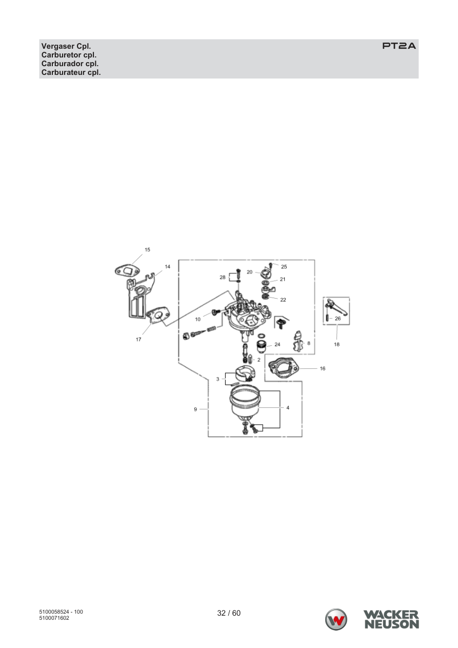 Wacker Neuson PT2 Trash Pump PT2A Vergaser Cpl. parts diagram