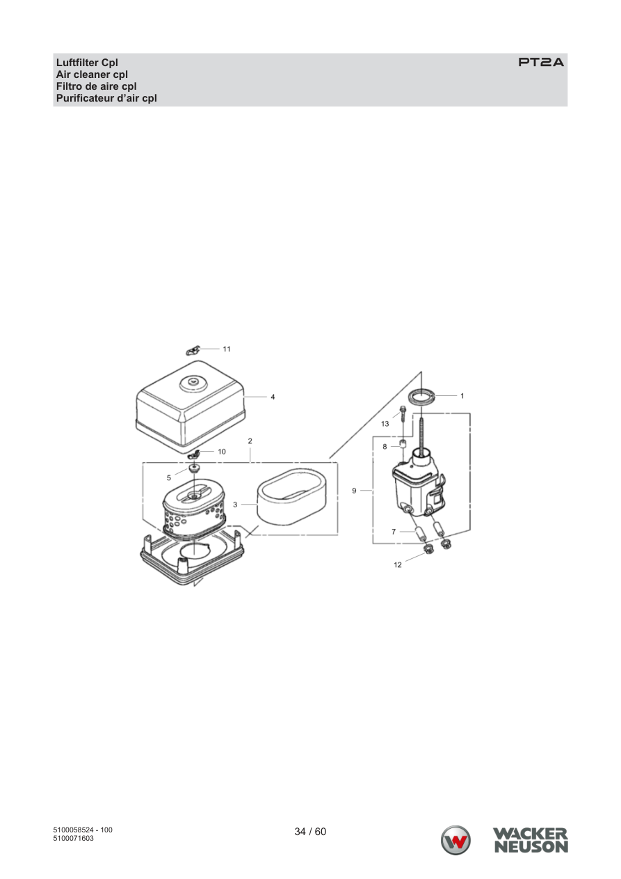 Wacker Neuson PT2 Trash Pump PT2A Luftfilter Cpl parts diagram