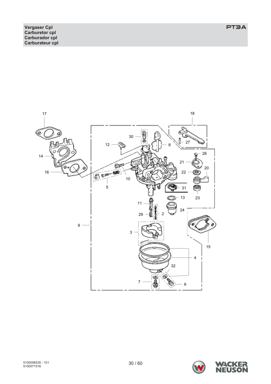 Wacker Neuson PT3 Trash Pump PT3A Vergaser Cpl parts diagram