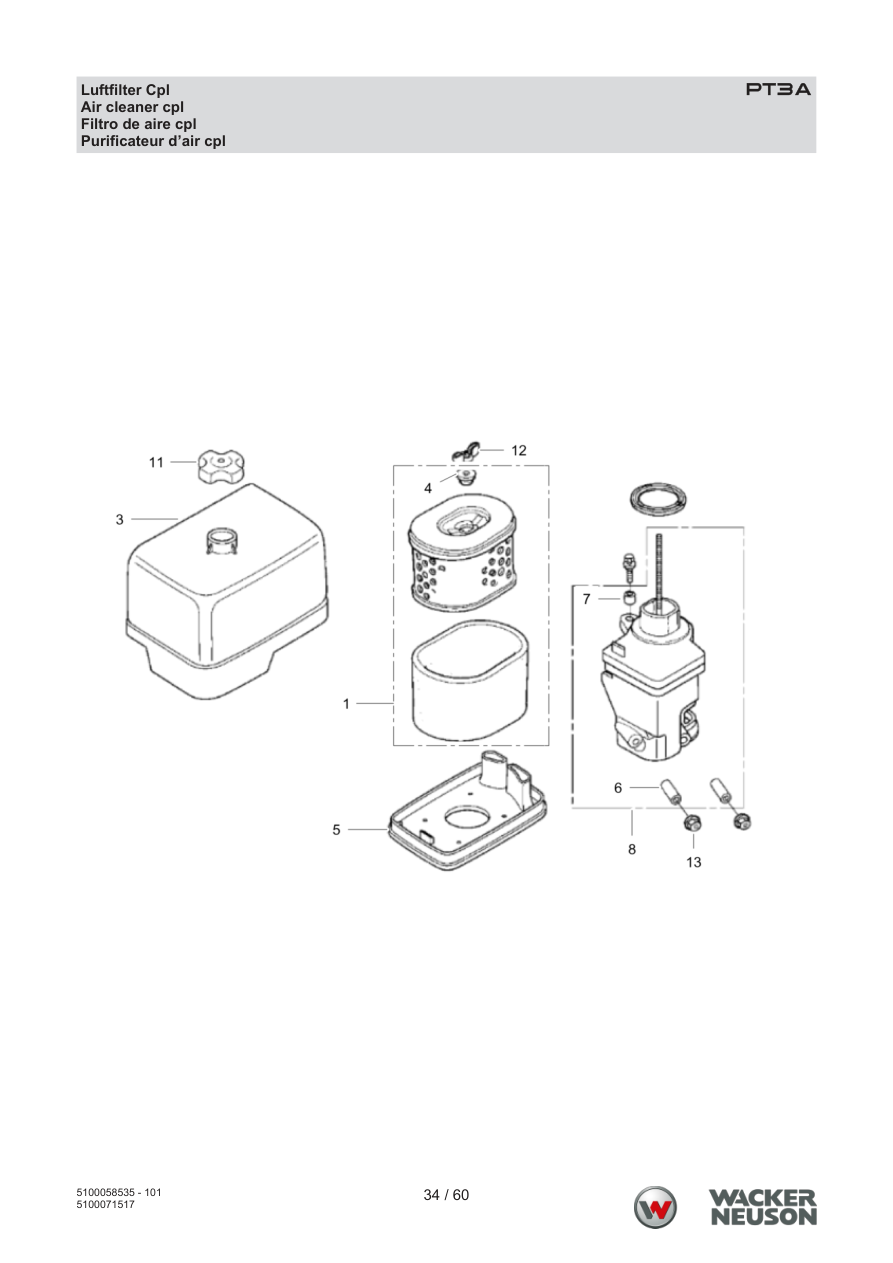 Wacker Neuson PT3 Trash Pump PT3A Luftfilter Cpl parts diagram