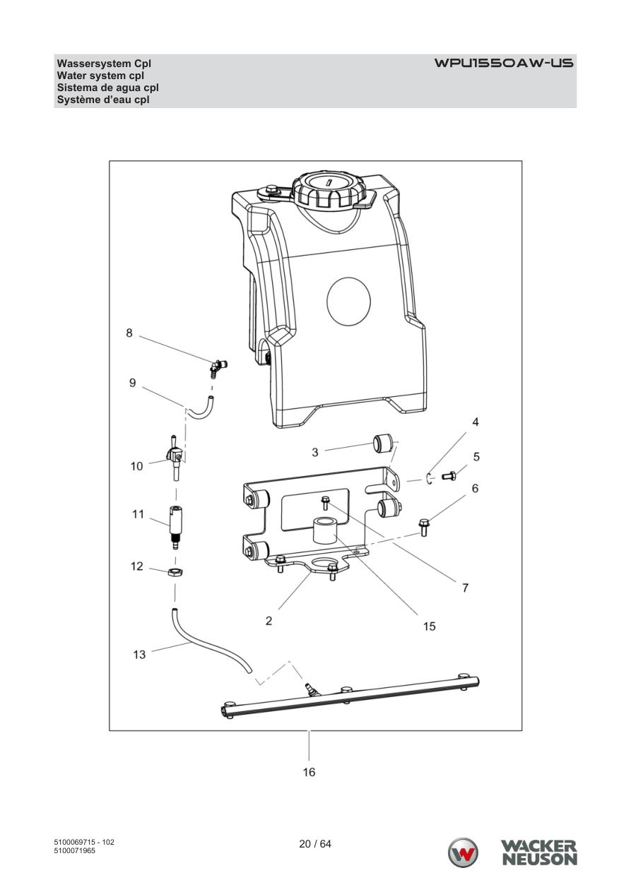 Wacker Neuson WPU1550 Vibratory Plate WPU1550AW-US Wassersystem Cpl parts diagram