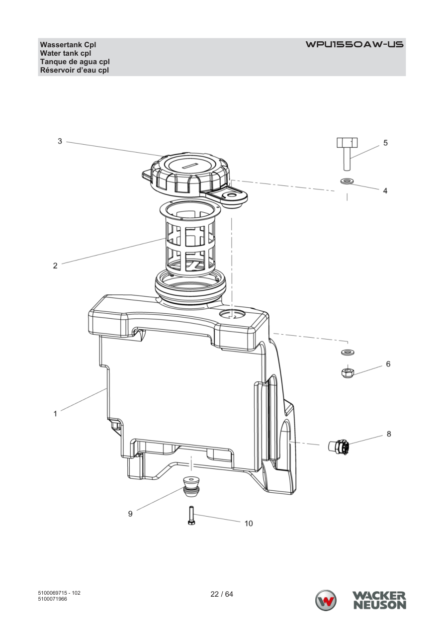 Wacker Neuson WPU1550 Vibratory Plate WPU1550AW-US Wassertank Cpl parts diagram