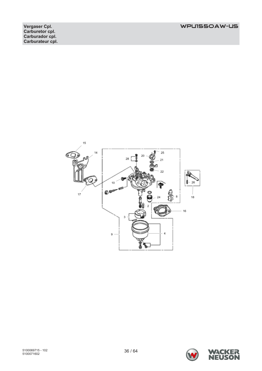 Wacker Neuson WPU1550 Vibratory Plate WPU1550AW-US Vergaser Cpl. parts diagram