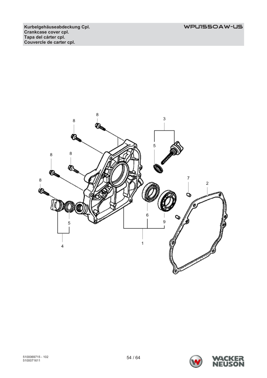 Wacker Neuson WPU1550 Vibratory Plate WPU1550AW-US Kurbelgehäuseabdeckung Cpl. parts diagram