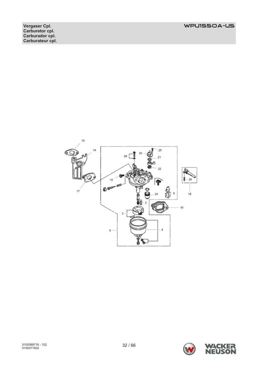 Wacker Neuson WPU1550 Vibratory Plate WPU1550A-US Vergaser Cpl. parts diagram