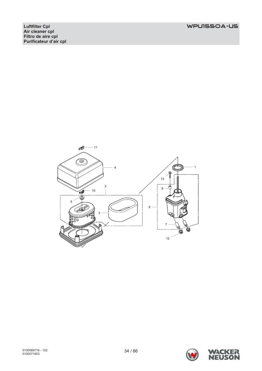 Wacker Neuson WPU1550 Vibratory Plate WPU1550A-US Luftfilter Cpl parts diagram