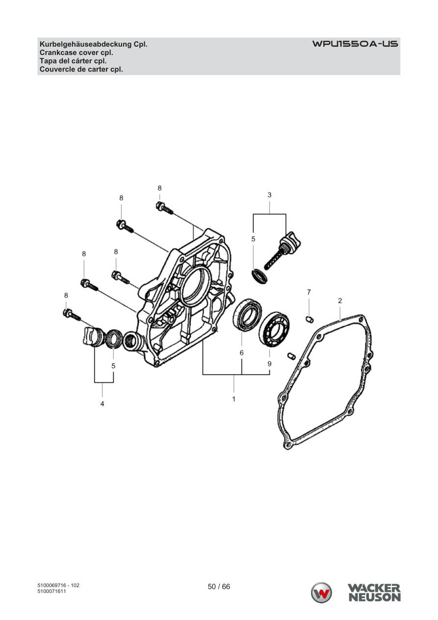 Wacker Neuson WPU1550 Vibratory Plate WPU1550A-US Kurbelgehäuseabdeckung Cpl. parts diagram
