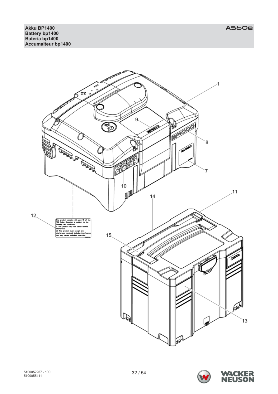 Wacker Neuson AS60 Vibratory Rammer AS60e Battery BP1400 parts diagram