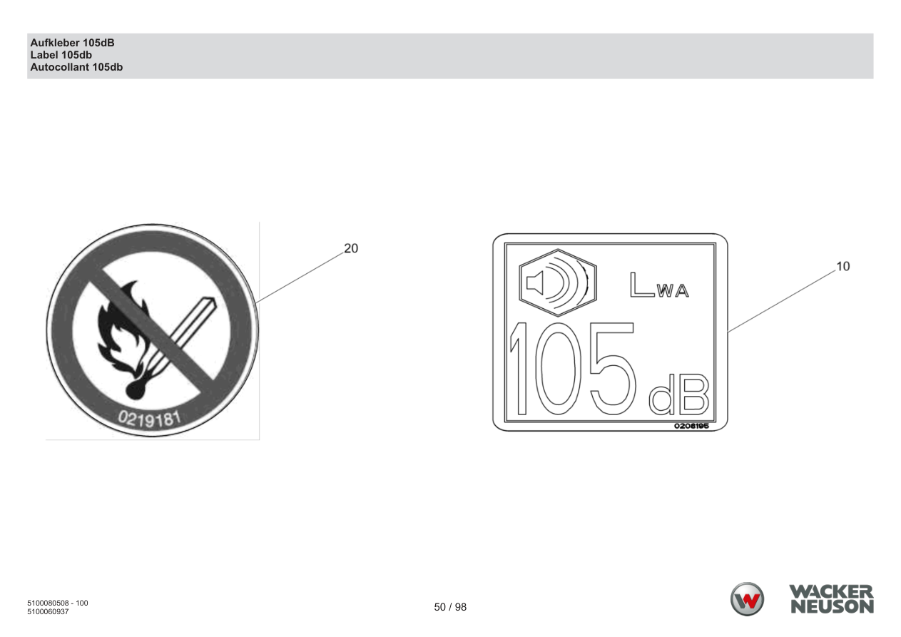 Wacker Neuson BPS1340 Vibratory Plate Decal 105dB parts diagram