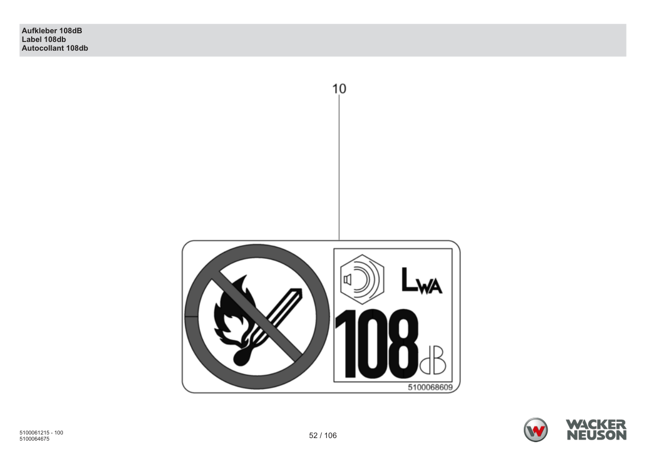 Wacker Neuson BPS1550 Vibratory Plate Decal 108dB parts diagram