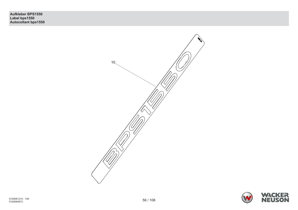 Wacker Neuson BPS1550 Vibratory Plate Decal BPS1550 parts diagram