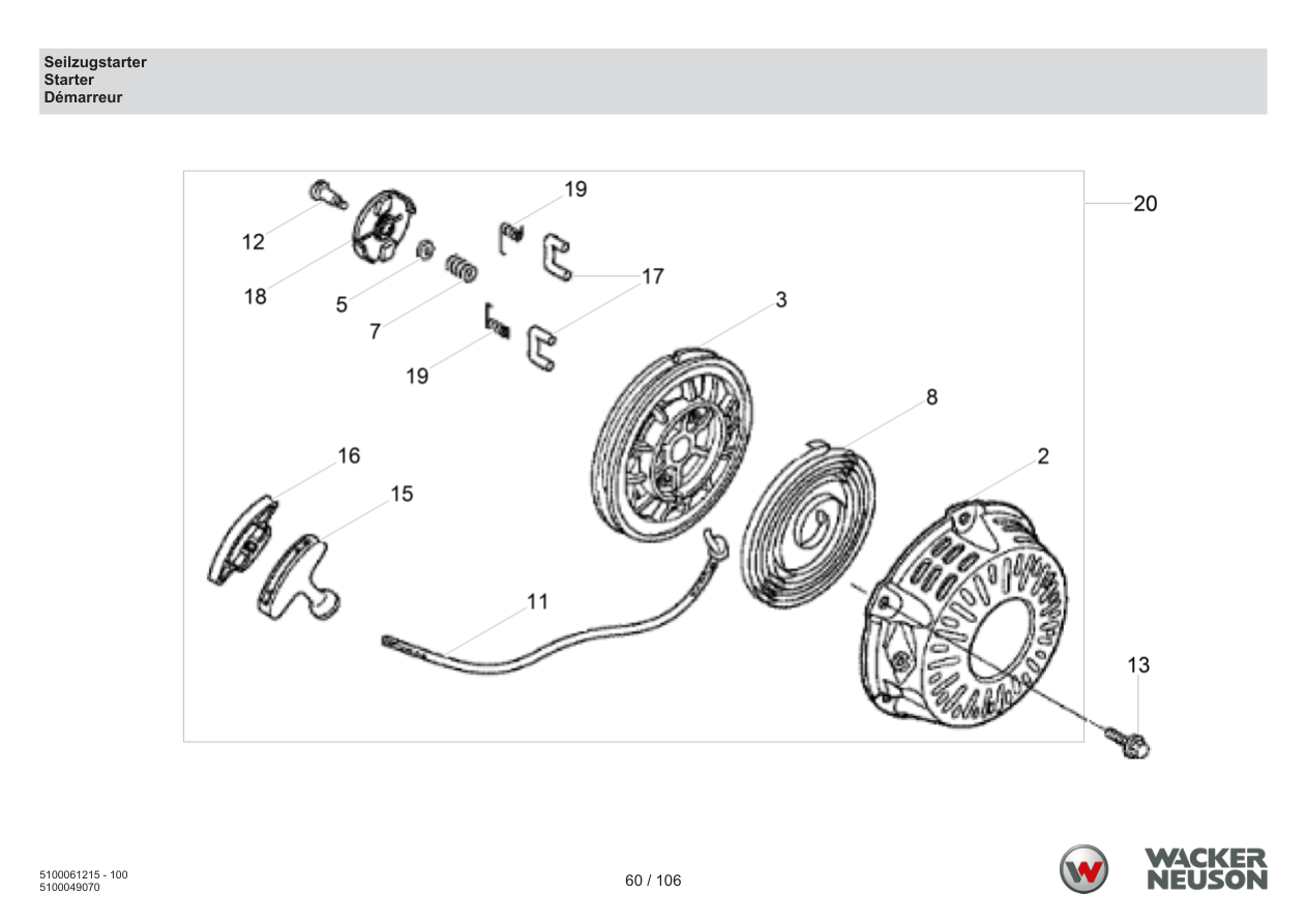 Wacker Neuson BPS1550 Vibratory Plate Recoil starter parts diagram
