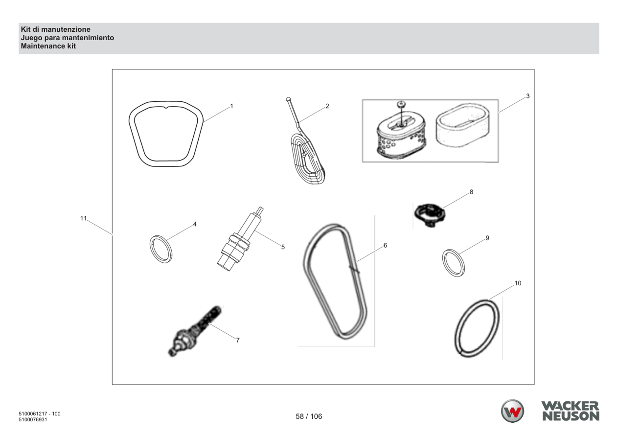 Wacker Neuson BPS2050 Vibratory Plate Maintenance kit parts diagram