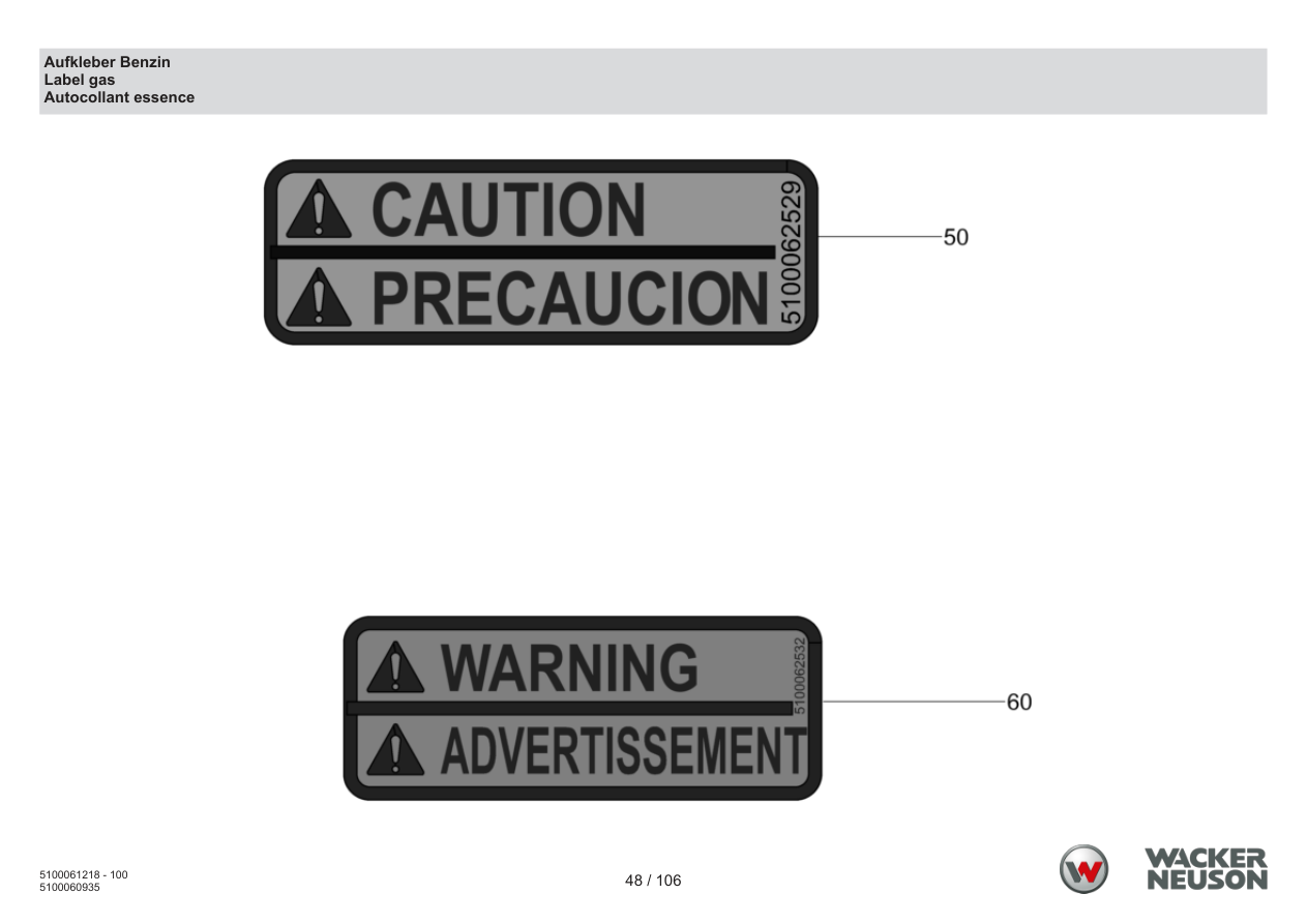 Wacker Neuson BPS2050 Vibratory Plate Decal gasoline parts diagram