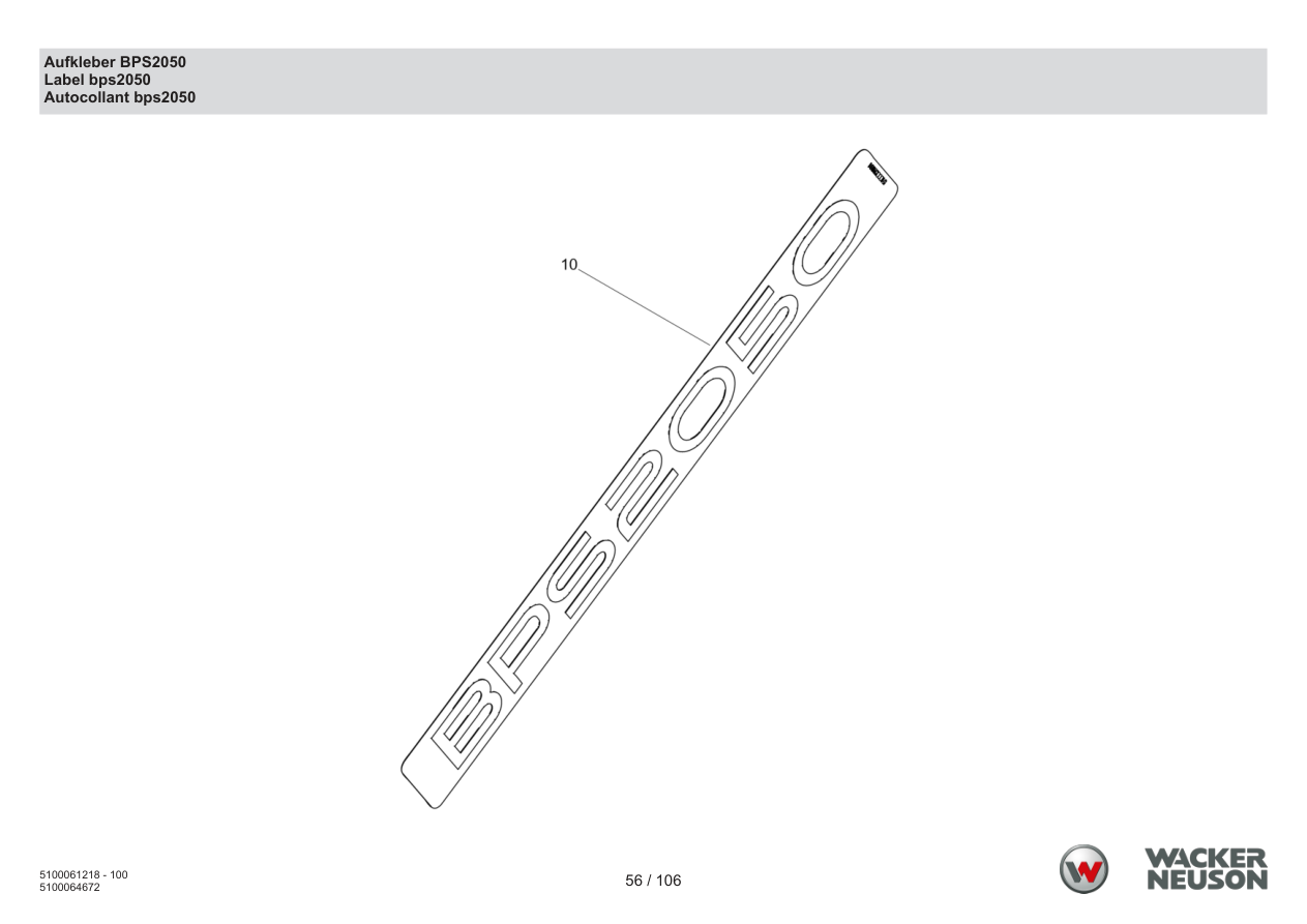 Wacker Neuson BPS2050 Vibratory Plate Decal BPS2050 parts diagram