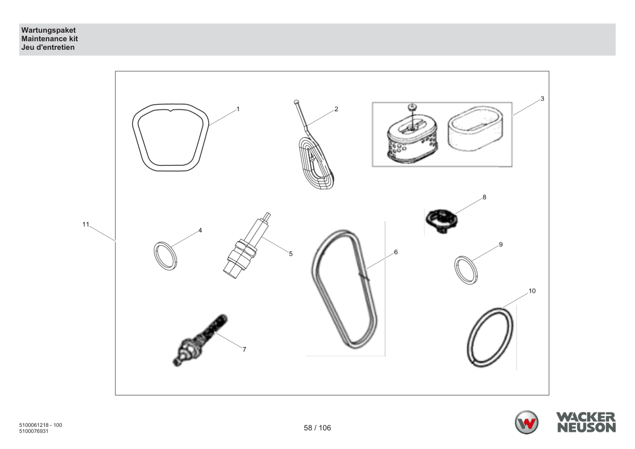 Wacker Neuson BPS2050 Vibratory Plate Maintenance kit parts diagram