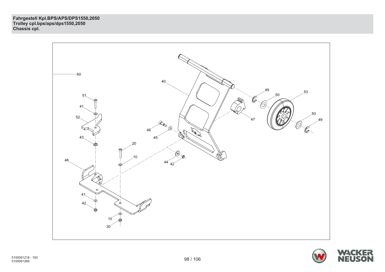 Wacker Neuson BPS2050 Vibratory Plate Trolley cpl.bps/aps/dps1550,2050 parts diagram