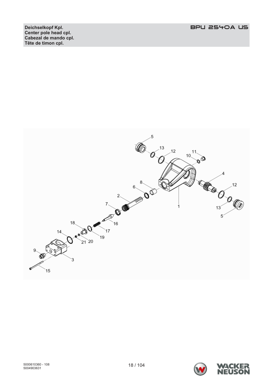 Wacker Neuson BPU2540 Vibratory Plate Center pole head cpl. parts diagram