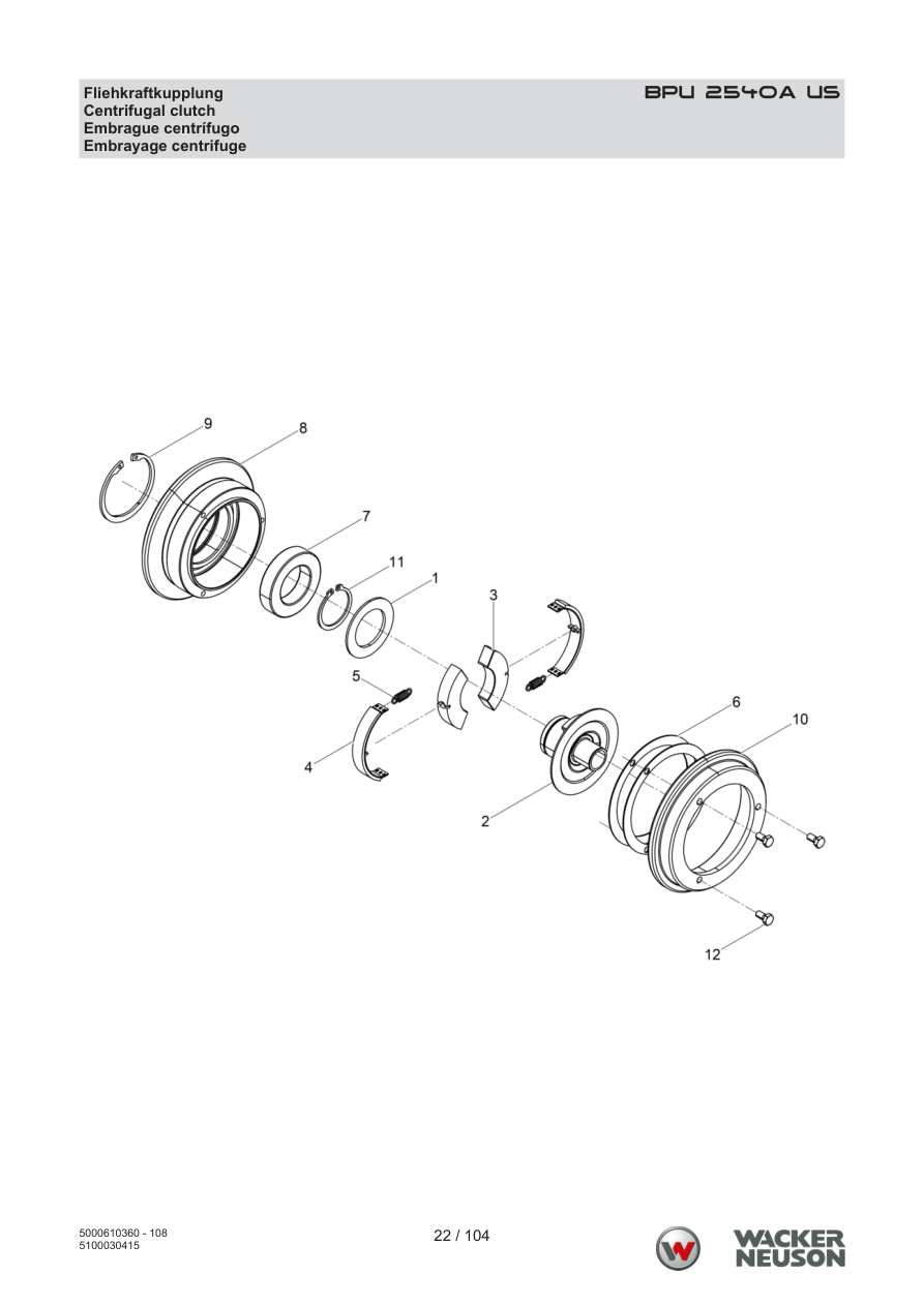 Wacker Neuson BPU2540 Vibratory Plate BPU 2540A US Centrifugal clutch parts diagram