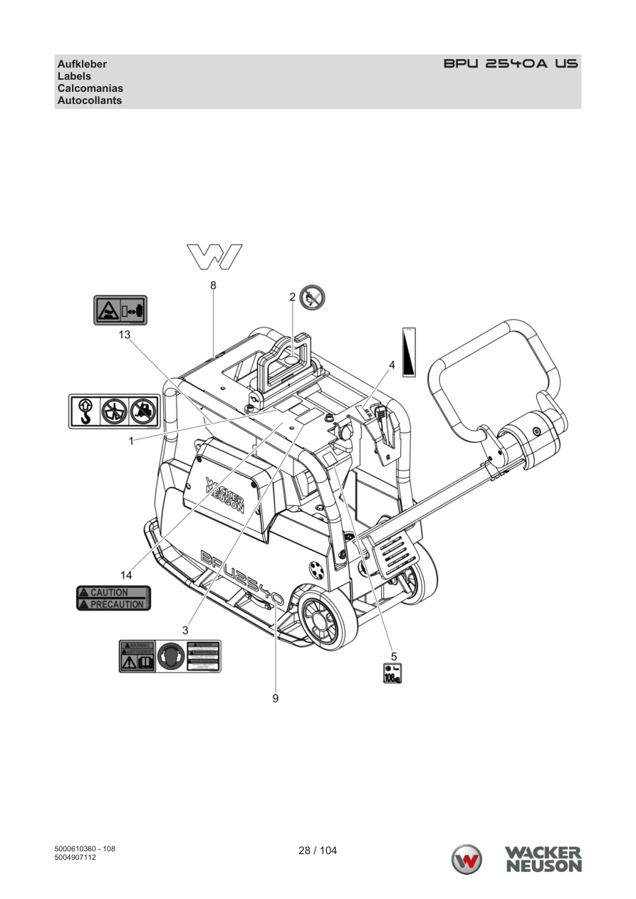Wacker Neuson BPU2540 Vibratory Plate BPU 2540A US Decals parts diagram