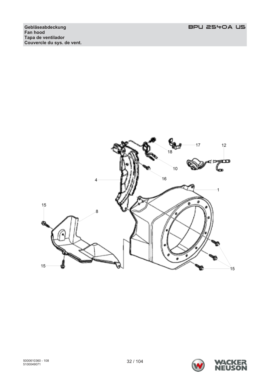 Wacker Neuson BPU2540 Vibratory Plate Fan hood parts diagram