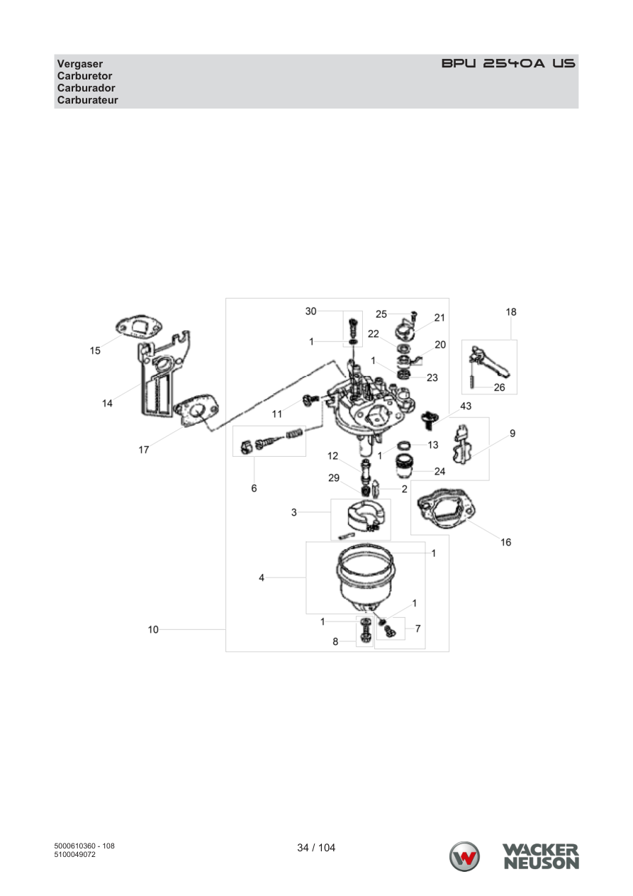 Wacker Neuson BPU2540 Vibratory Plate BPU 2540A US Carburetor parts diagram
