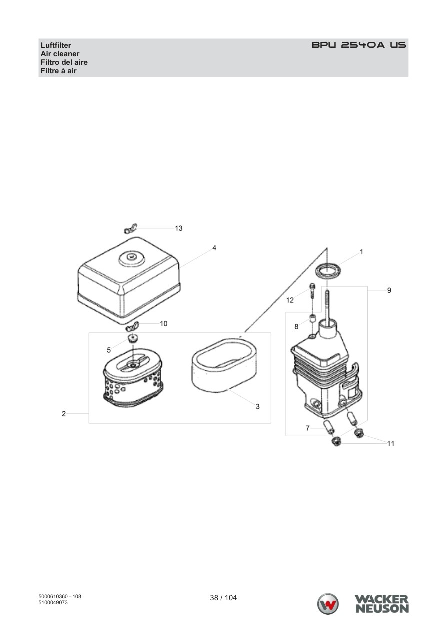 Wacker Neuson BPU2540 Vibratory Plate BPU 2540A US Air Filter parts diagram