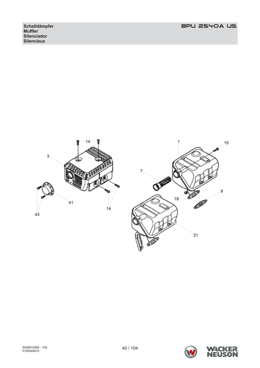 Wacker Neuson BPU2540 Vibratory Plate Muffler parts diagram
