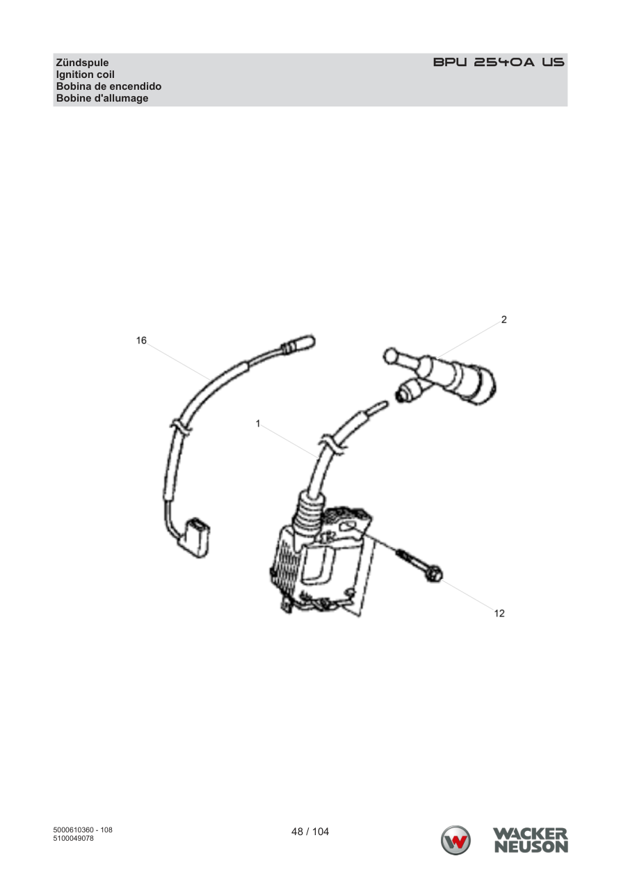 Wacker Neuson BPU2540 Vibratory Plate Ignition coil parts diagram