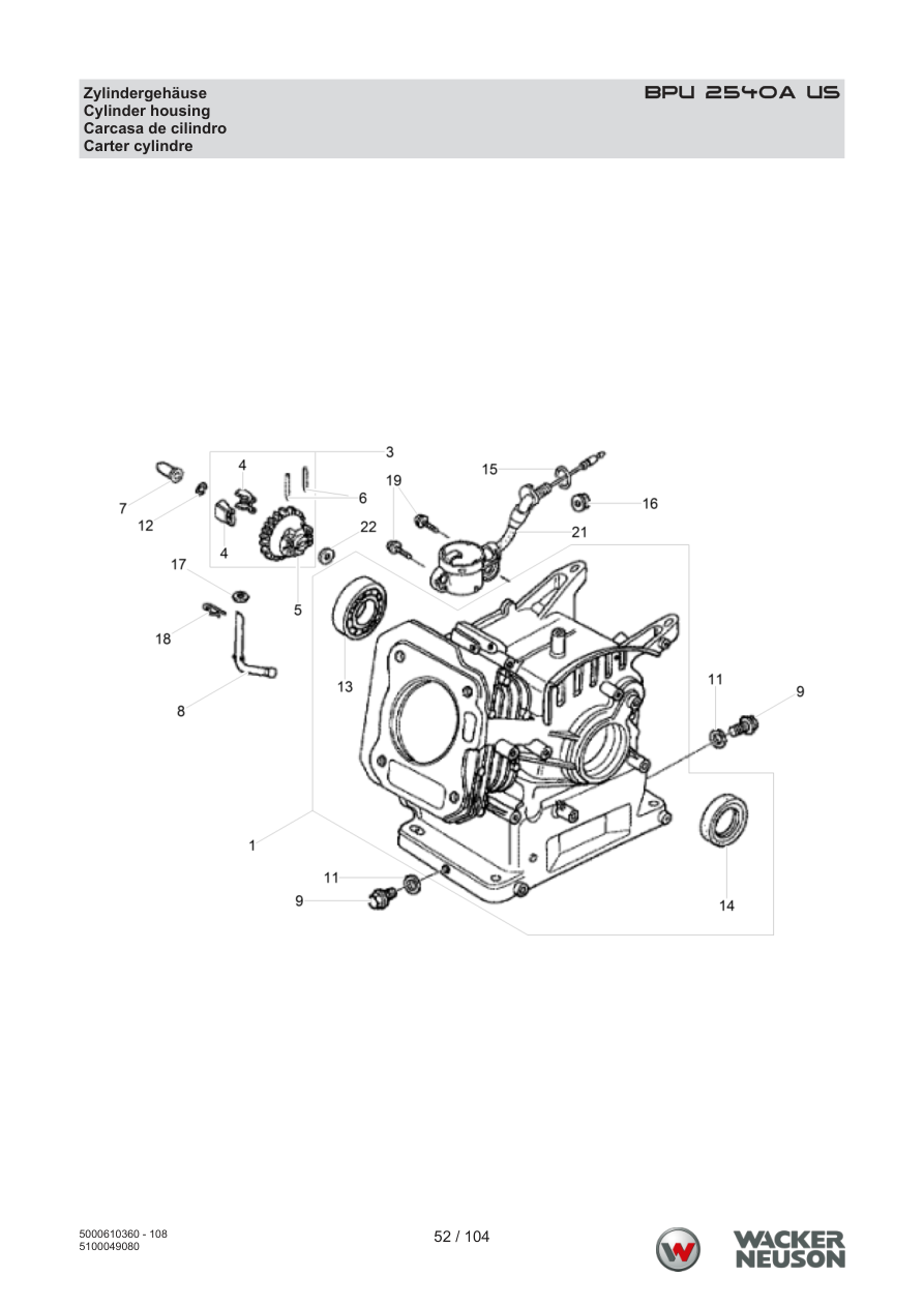 Wacker Neuson BPU2540 Vibratory Plate Cylinder housing parts diagram