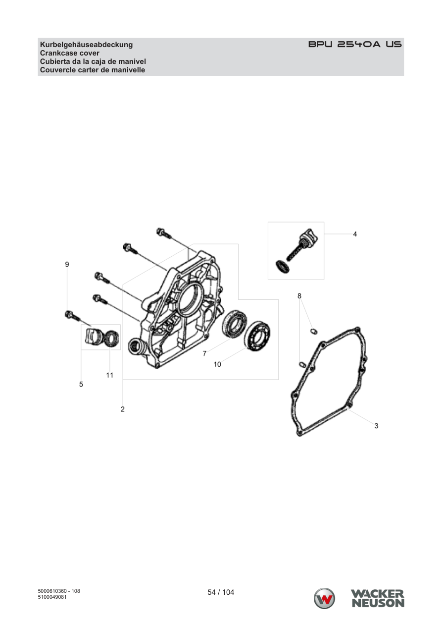 Wacker Neuson BPU2540 Vibratory Plate Crankcase cover parts diagram