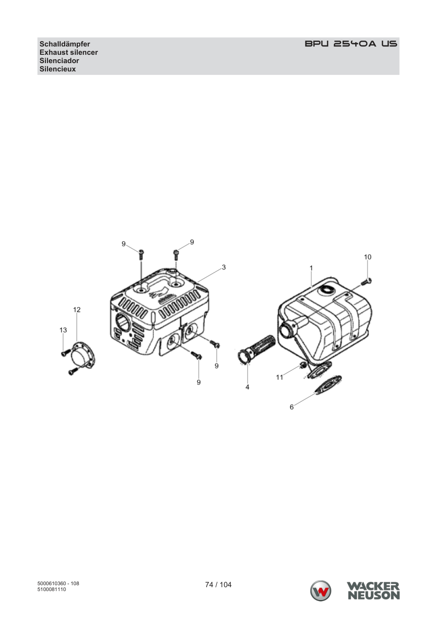 Wacker Neuson BPU2540 Vibratory Plate Exhaust silencer parts diagram