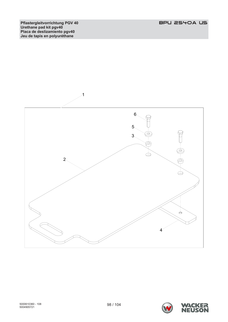 Wacker Neuson BPU2540 Vibratory Plate BPU 2540A US Paving sliding device PGV 40 parts diagram