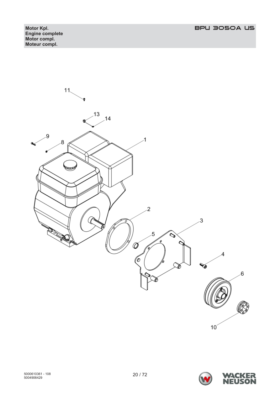 Wacker Neuson BPU3050 Vibratory Plate Engine complete parts diagram