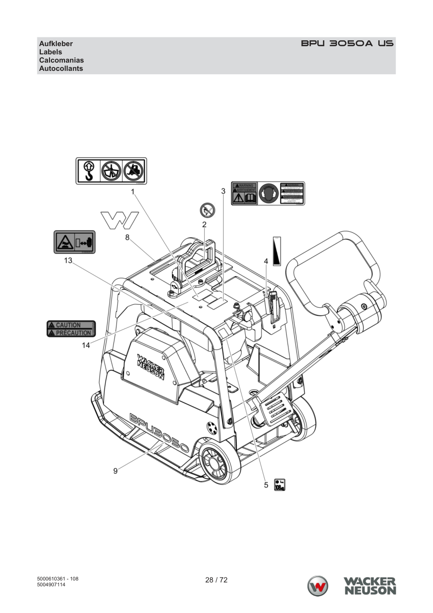Wacker Neuson BPU3050 Vibratory Plate BPU 3050A US Decals parts diagram