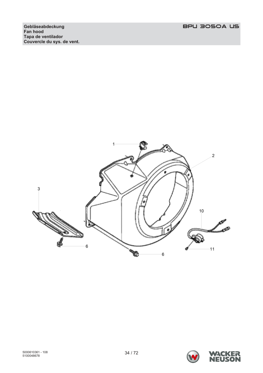 Wacker Neuson BPU3050 Vibratory Plate Fan hood parts diagram