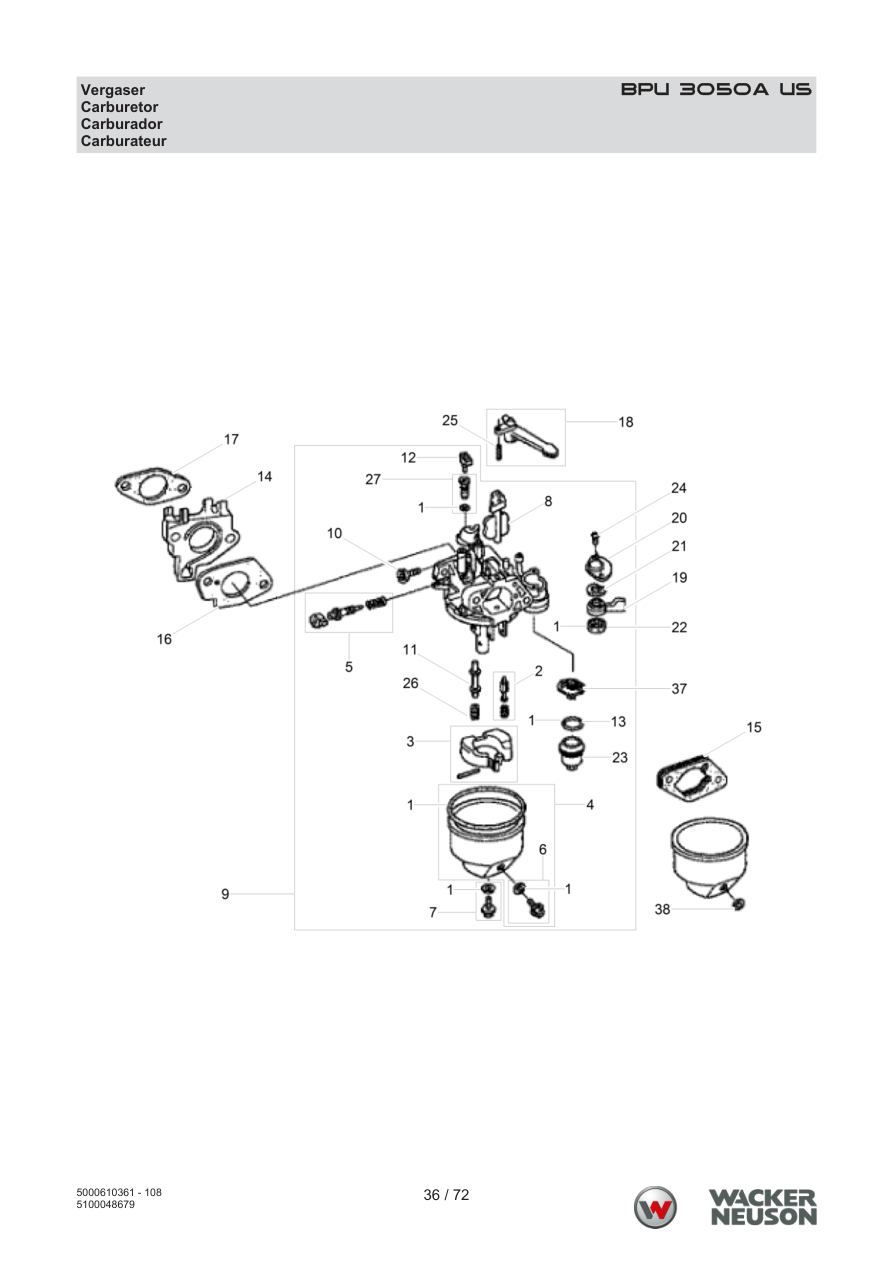 Wacker Neuson BPU3050 Vibratory Plate BPU 3050A US Carburetor parts diagram