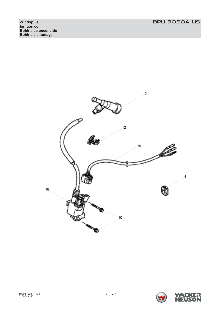 Wacker Neuson BPU3050 Vibratory Plate Ignition coil parts diagram