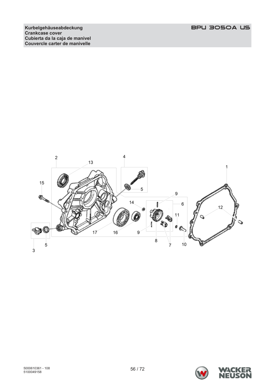 Wacker Neuson BPU3050 Vibratory Plate Crankcase cover parts diagram