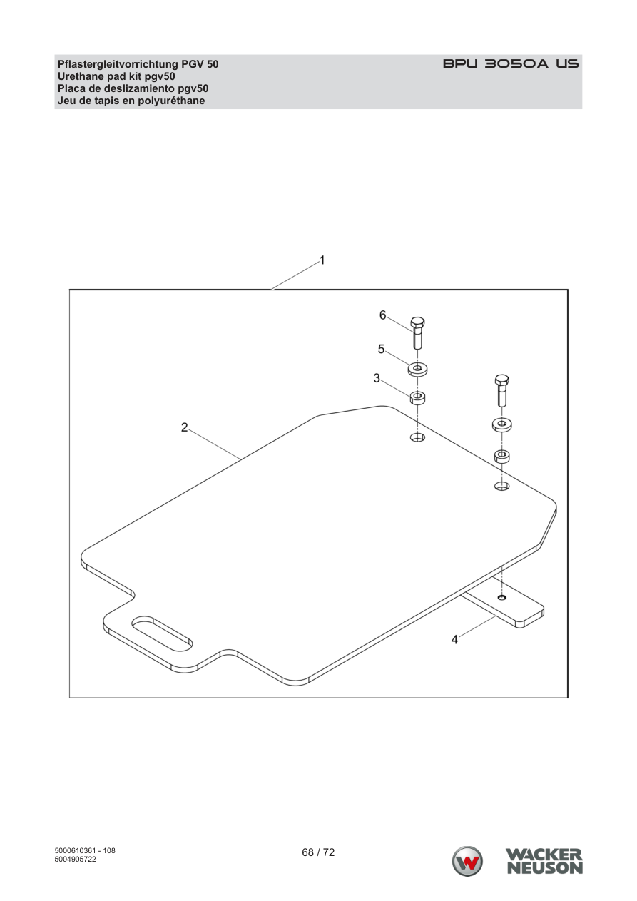 Wacker Neuson BPU3050 Vibratory Plate BPU 3050A US Paving sliding device PGV 50 parts diagram