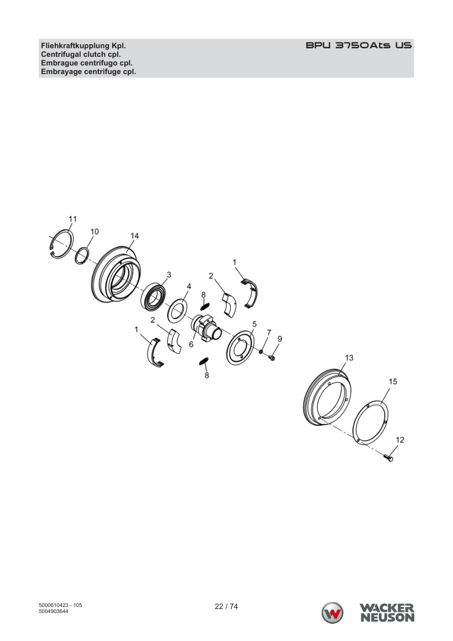 Wacker Neuson BPU3750 Vibratory Plate Centrifugal clutch cpl. parts diagram