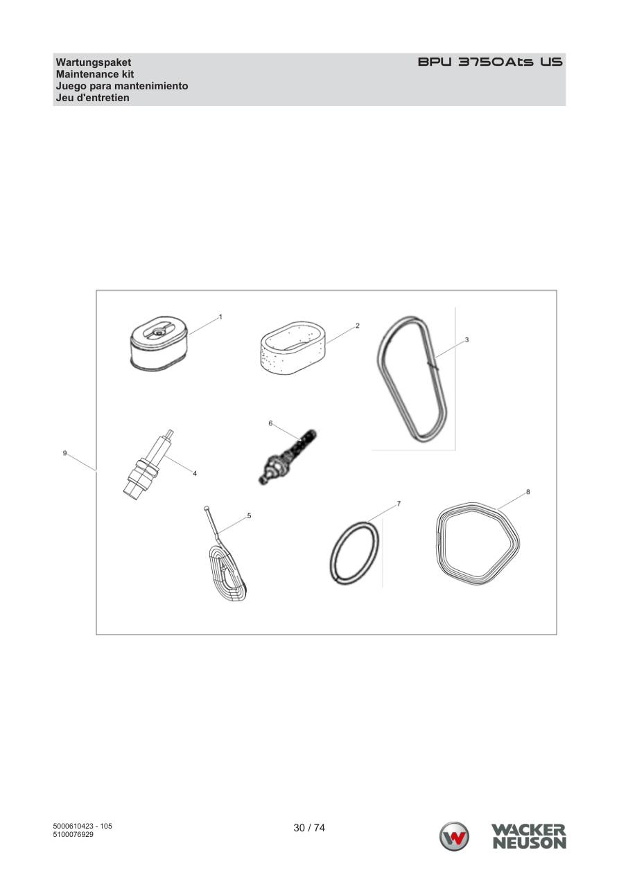 Wacker Neuson BPU3750 Vibratory Plate BPU 3750Ats US Maintenance kit parts diagram