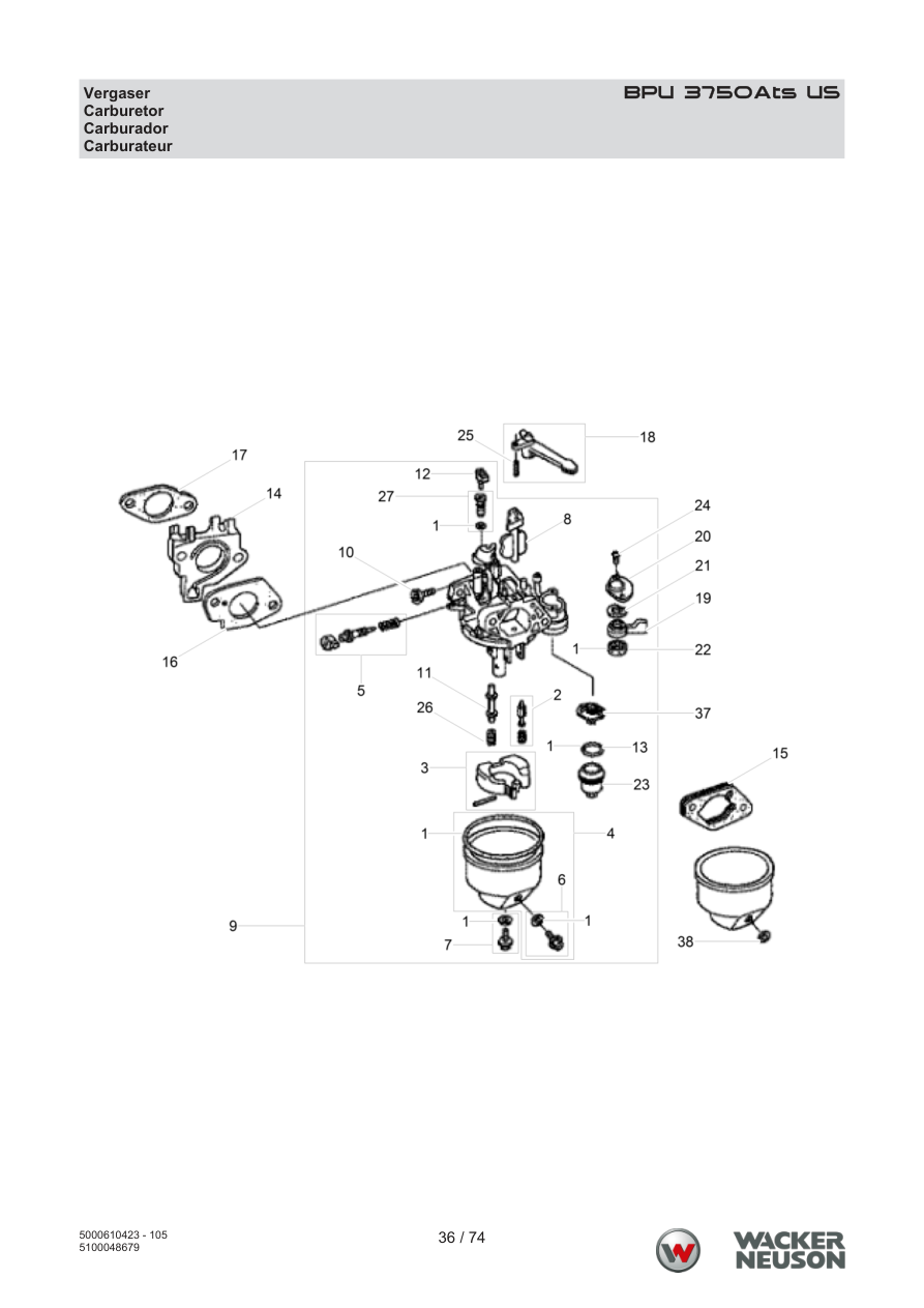 Wacker Neuson BPU3750 Vibratory Plate BPU 3750Ats US Carburetor parts diagram