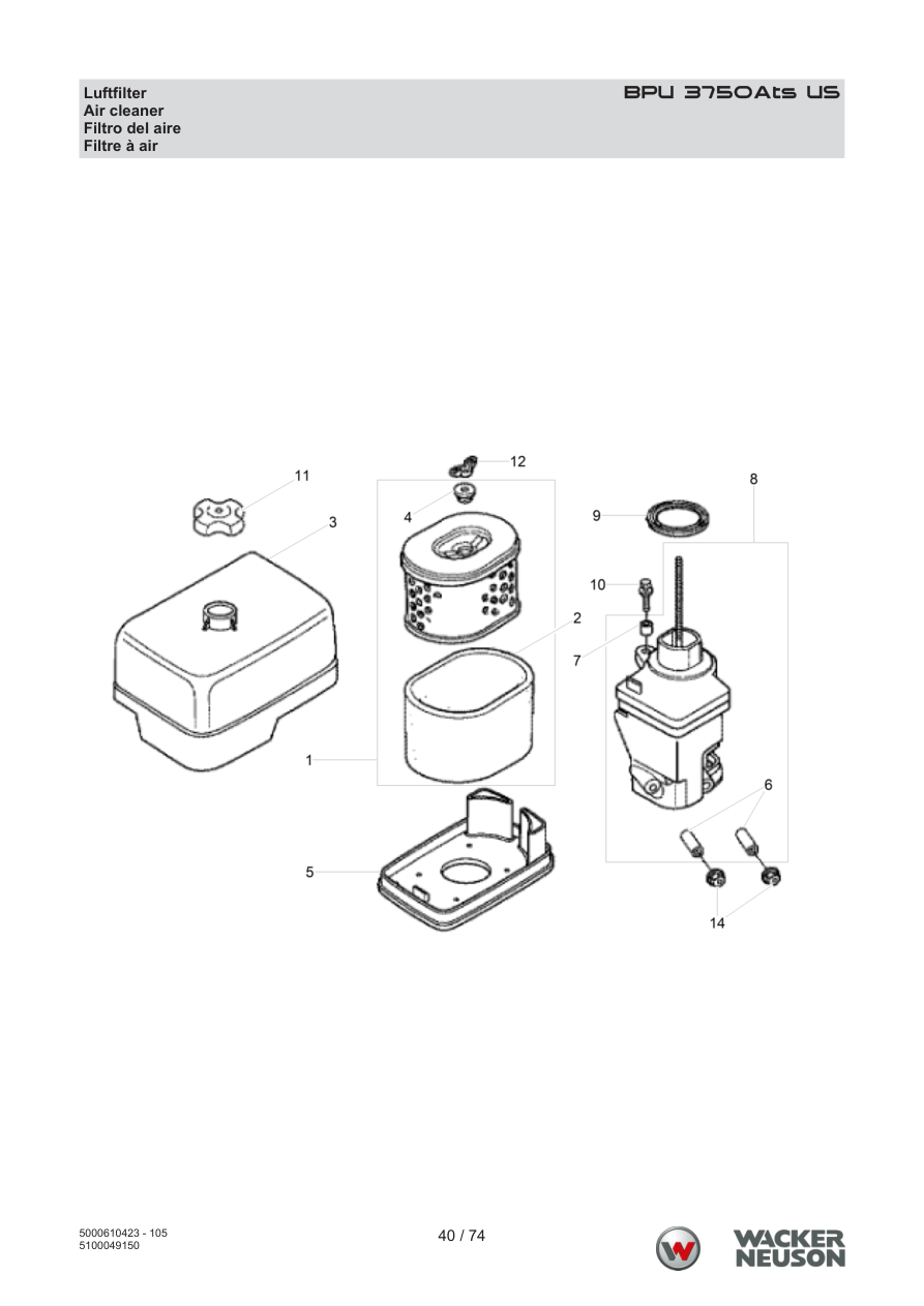 Wacker Neuson BPU3750 Vibratory Plate BPU 3750Ats US Air filter parts diagram