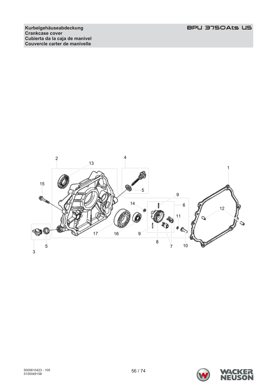 Wacker Neuson BPU3750 Vibratory Plate Crankcase cover parts diagram