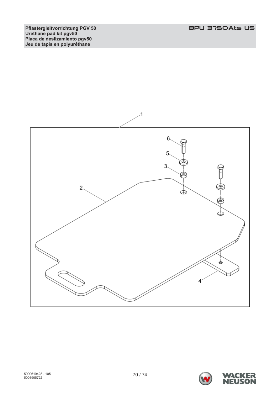Wacker Neuson BPU3750 Vibratory Plate BPU 3750Ats US Paving sliding device PGV 50 parts diagram