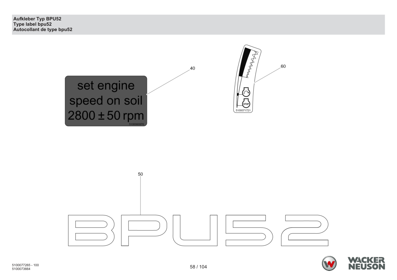 Wacker Neuson BPU5260 Vibratory Plate Decal type BPU52 parts diagram