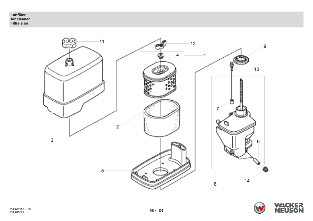 Wacker Neuson BPU5260 Vibratory Plate Air filter parts diagram