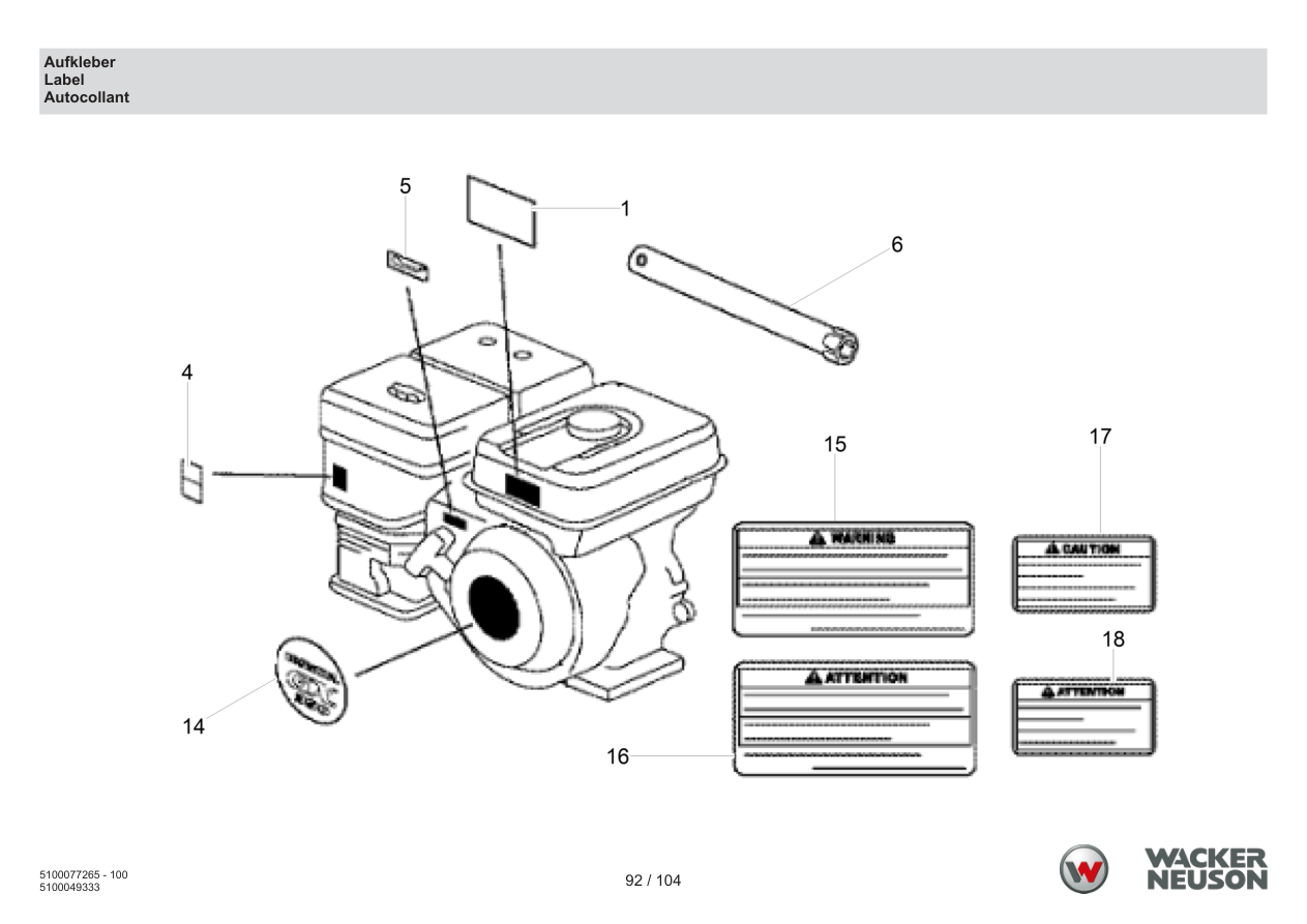 Wacker Neuson BPU5260 Vibratory Plate Decal parts diagram